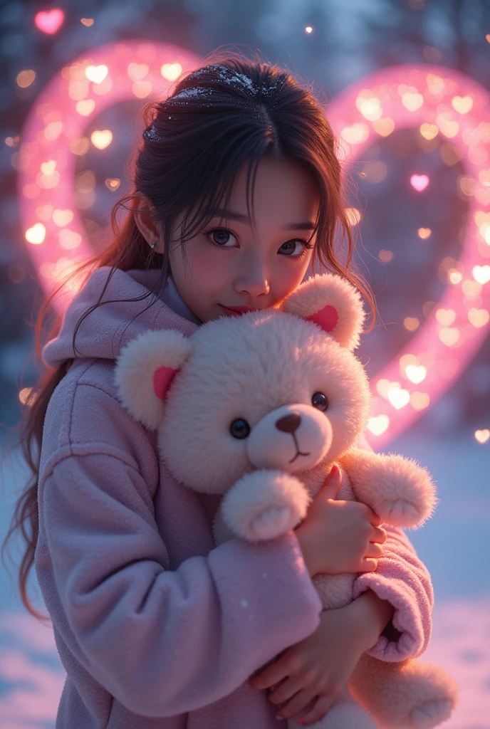  Mature girl, Hugs a Soft Toy with both hands Beautiful Soft , bright colors,  complex ,  maximum quality , 8 k,  masterpiece fails,  Lots of Details ,  better quality ,  Heart Background Beautiful With flying hearts and Fireworks, Gentle Night Environment , magic, magic, Wonderful,