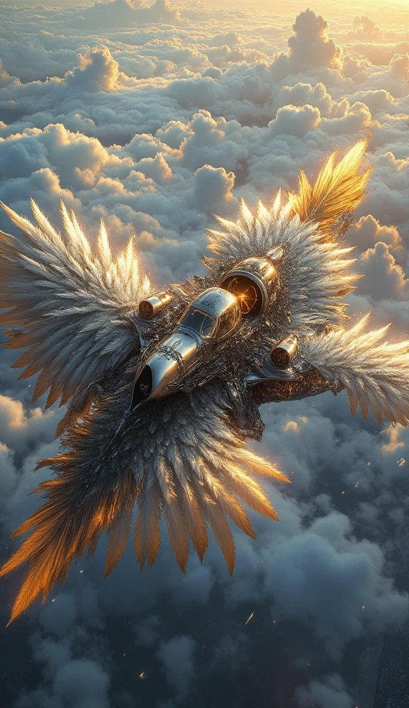 A fusion of an eagle and an airplane, depicted as an awe-inspiring hybrid. The airplane’s wings are feathered, with a gradient of white to golden brown, resembling the eagle’s plumage. The cockpit forms the head of the eagle, with fierce golden eyes and a metallic beak that opens to reveal advanced jet turbines. The tail of the airplane has feathers that shift and glow as it maneuvers in the sky. The backdrop is a vibrant sky, with glowing clouds and distant mountains, giving a sense of speed, freedom, and power.