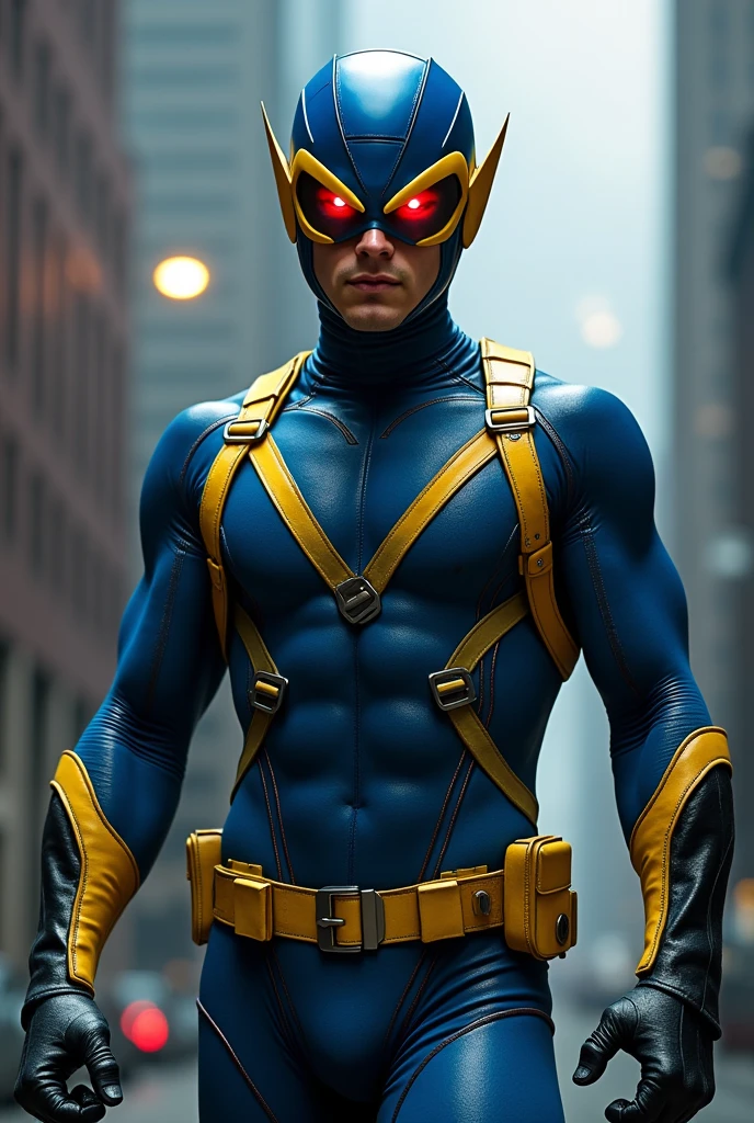 A muscular superhero in a blue and yellow form-fitting suit, featuring a distinctive yellow harness. He has glowing red eyes and wears a protective helmet with a visor. The background is an urban setting with stylized lighting, enhancing the dramatic effect.