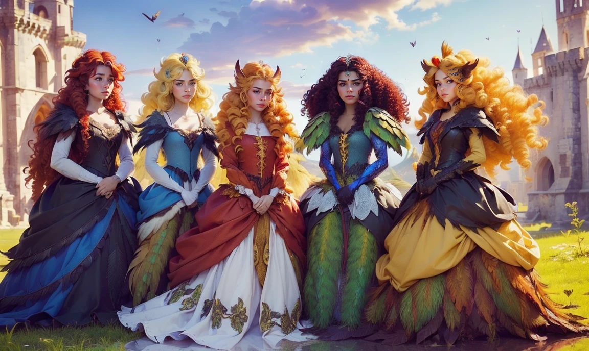 fantasy setting. close up. standing bunched in together in the middle of the picture. ((only 2 unique lovely harpy princesses:1.5)), unique personalities, ((unique expression on face:1.5)), (((unique natural hair colored:1.5))), ((red hair)), ((blond hair)), ((black hair)), (((unique natural eye color:1.5))), a hint of feathers on the skin, wearing elaborate tasteful flowing floral gowns, ((looking straight at the camera:1.5)), ((dark wings)), pretty castle ruins background.
