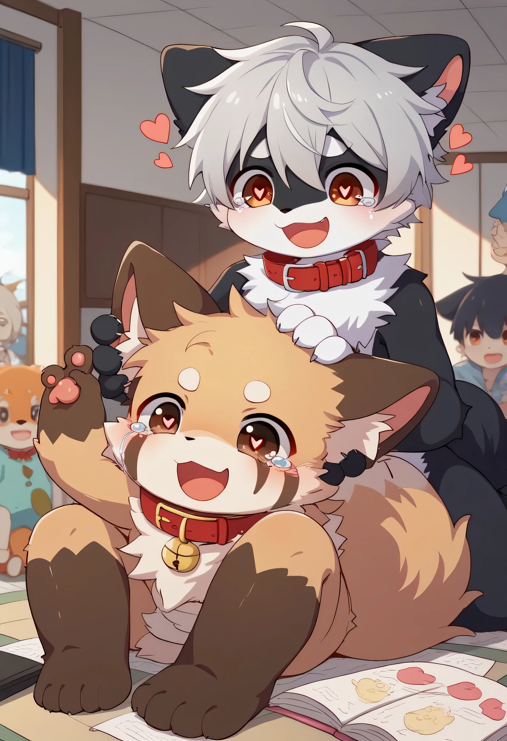 kemoshota, naked harness, 2 boys, full body harness, chest harness, snow, dynamic angle, albino white tiger boy and albino cream white lion boy, albino tiger body features, albino lion body features, heavy breath, naivety, innocent, collar, sweat, sweat drops, short statue, short height cub boys, baby boys, 8 years old body features, asking out, huddle, Shota , mascot boys, harness training