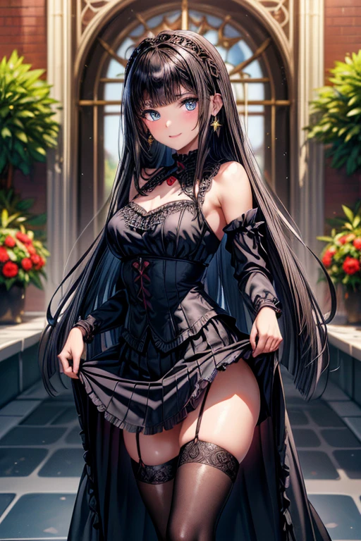 (masterpiece, best quality, ultra detailed, high resolution, absurdres:1.4), (shiny black hair, smooth and white shiny skins:1.2), (super fine illustration, extremely detailed CG unity 8k wallpaper), 1girl, extremely cute and beautiful girl. slender, medium breasts, black, pink, BREAK, (lace), (single fishnet legwear, single garter strap, cross-laced sleeves, cross-laced clothes:1.2), heart, collar, ribbon choker, ear piercing, BREAK, Chinese dress, gothic ta, knee-length skirt, BREAK, background is Japanese hotel in the night, ryokan, wasitu background, light grin smile,