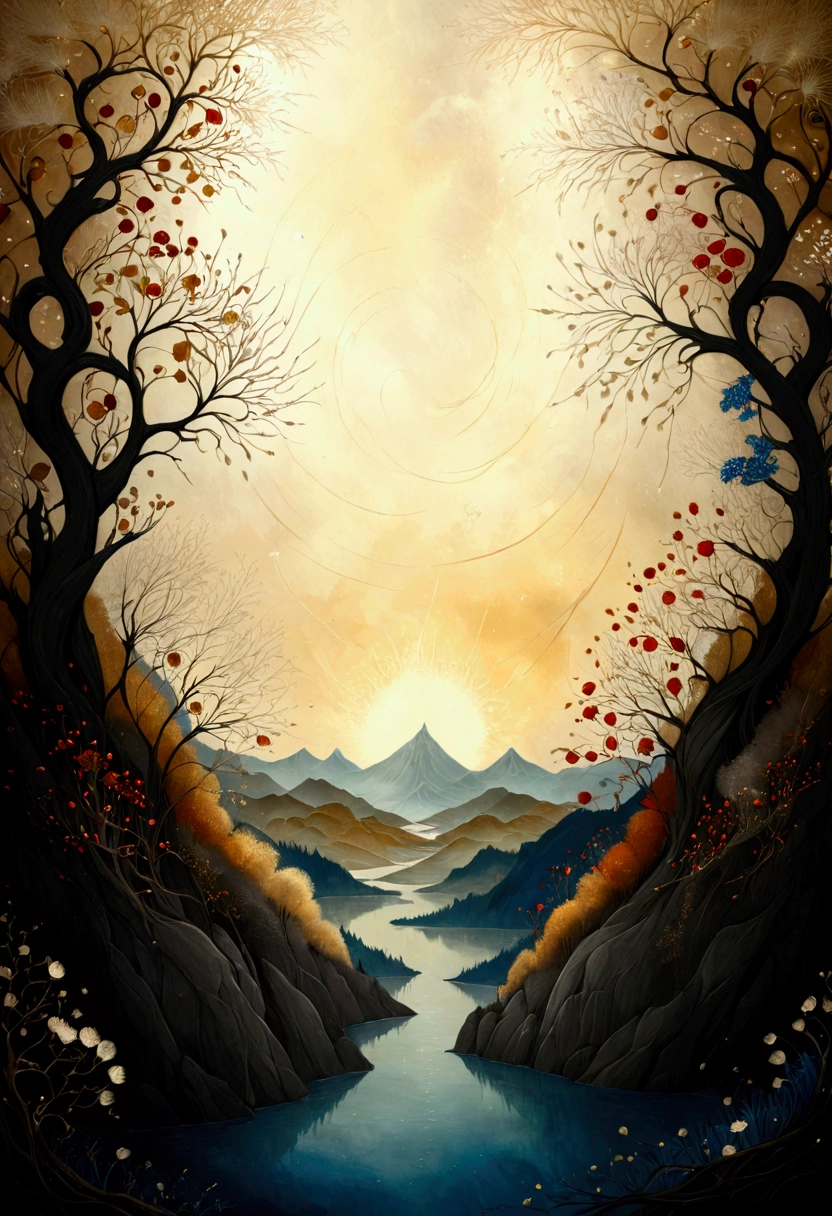 oil and acrylic painting. In the style of Andy Kehoe and Tracy Grimwood, Catrin Welz-Stein, Klimt. Backdrop of lake in autumn, with high mountains, Wide shot of a large Ferris wheel and a blue-eyed blond woman. wind tousles her hair.. Twisted trees, branches are transparent blown glass expanding skyward in ellipses. Dandelion blossoms, poppies, pampas grass, cherry blossoms, dried flowers bloom. Disc-shaped polychrome sun buds with marbled spirals, sunbeams like strands of coral, vitrified ambers. Warm colors, ochre yellows, browns, shades of blue, reds.
