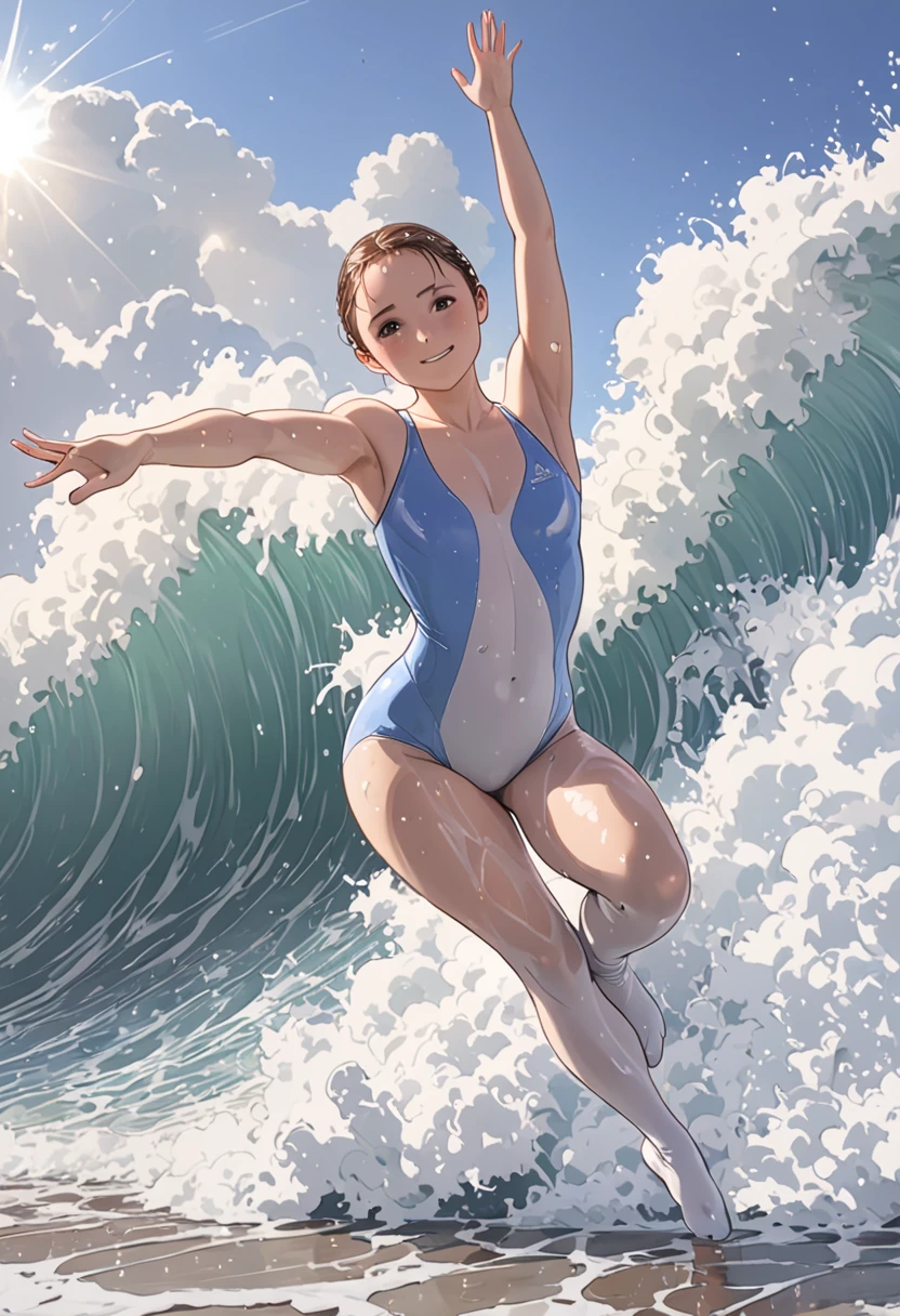 ( best quality)), ((masterpiece)),  Top Quality ), 1girl, Gymnast, rapid descent, {{ocean}}, freckle,  blush,  stares at the audience, cloud, splash, waves, sun, Wet , (((shiny tights))), ((Flexible))