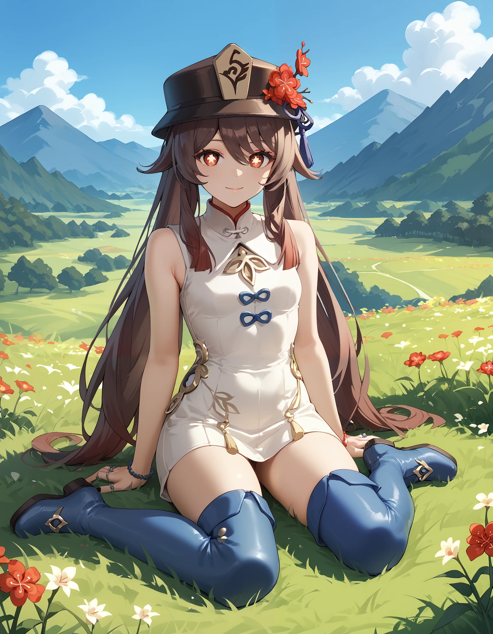 score_9, score_8_up, score_7_up, hu tao,sleeveless dress, white dress, short dress, thigh boots, blue footwear, sitting, on ground, looking at viewer, scenery, mountains, grass, flower field,
