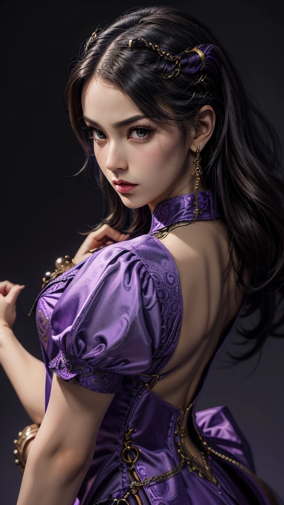 a close up of a woman in a dress with a purple background, Zafina, style ivan talavera and artgerm, extremely detailed artgerm, highly detailed exquisite fanart, portrait of chun - li, portrait of chun li, style artgerm, chun li, chun - li, chun-li, artgerm. high detail, graphic artist artgerm, Full Body pose 