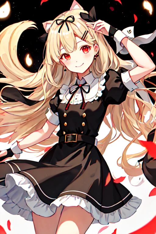  top quality , masterpiece,  high definition , Alone, {Maid:1.40}, {length Maid dress:1.15}, {yuudachi_kantaicollection:1.15}, length_hair,  blondes_hair, ribbon, hair_ribbon, hair_flap, hair_ Ornaments , red_eye, hairclip, black_ribbon, smile, , Sera Clothing, chest