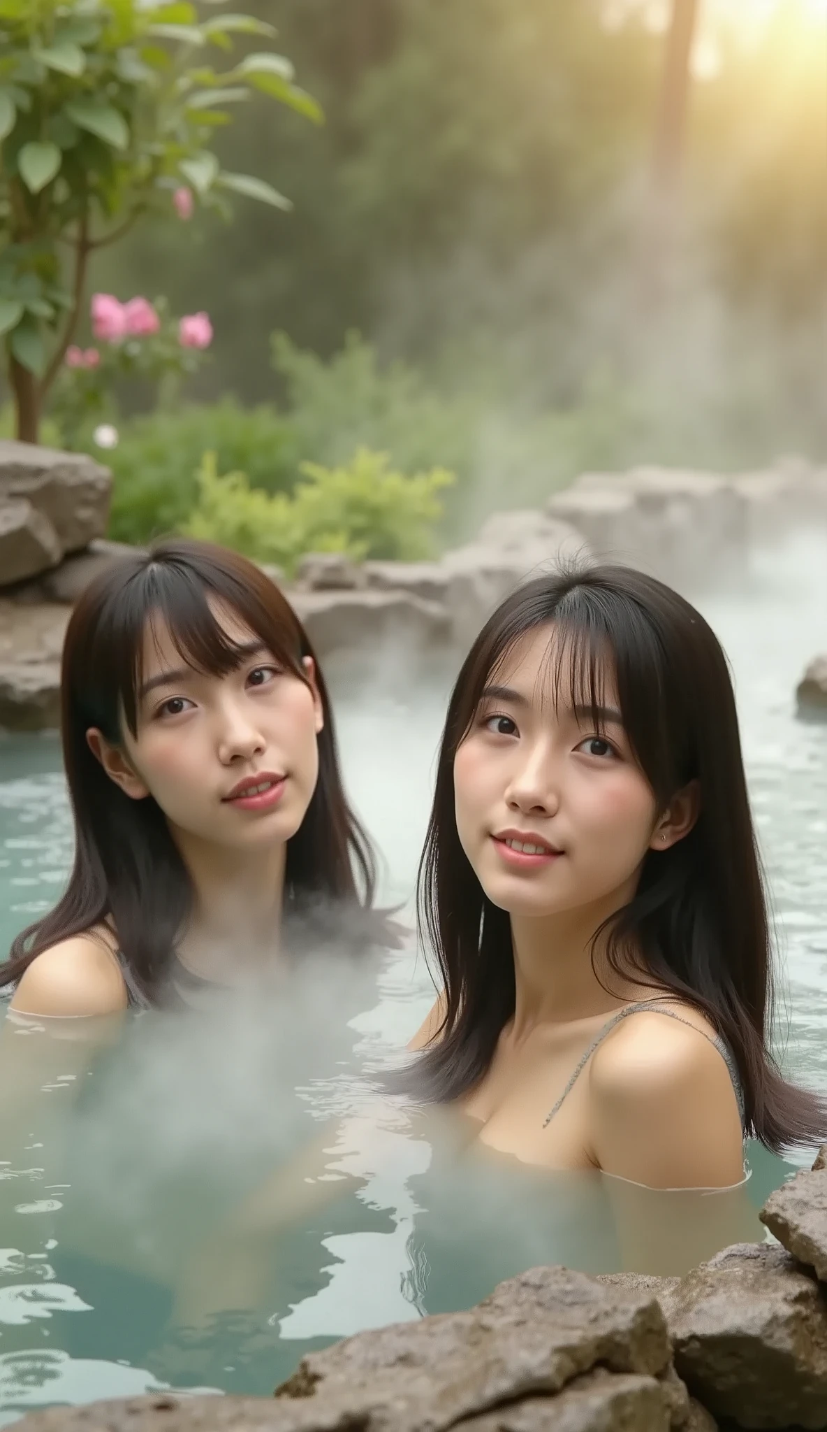 Three beautiful sisters are bathing in a hot spring in a snowy mountain