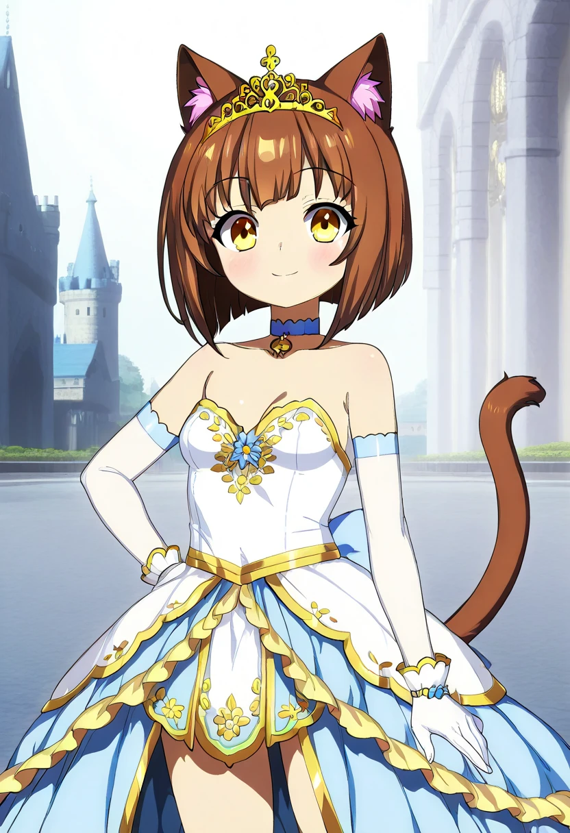  top quality 、 anime style、 1 、 slender body、 small breasts、 cat ears and tail 、brown short bob、 pale light blue choker on her neck、Fairytale wizard clothes、castle town、Smiling girl