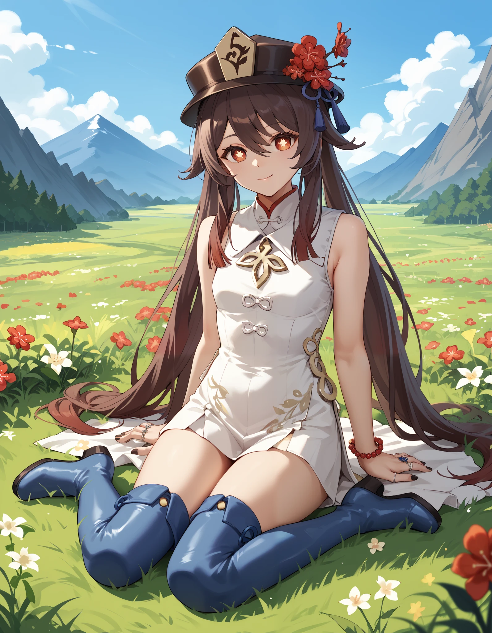 score_9, score_8_up, score_7_up, hu tao,sleeveless dress, white dress, short dress, thigh boots, blue footwear, sitting, on ground, looking at viewer, scenery, mountains, grass, flower field,
