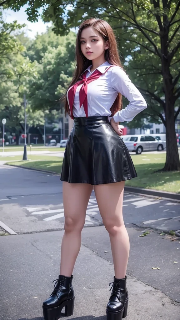Masterpiece, Superb Quality, 4Girl, Girly, Plum Eyes, Brown, Bobo Head, Envy Face, Oily Gloss, Mid-Chest, Beautiful Leg Line: 1.3, Thick Thighs, Thin Waist, School Uniform, High Socks, Tie, ((Pencil Skirt)), Red High Heels, Pantyhose, Pathway_lined_with_blooming_cherry_blossom_trees,, Looking at Viewer, From Below, Full Body, legsupsexms, perspective bottom-up, thong