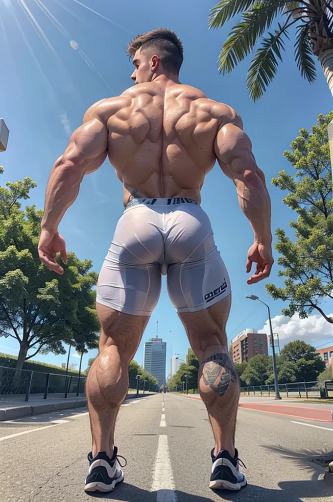 best quality，masterpiece，of rope，hands tied behind back，blindfolded，blushing，Spanish man full-body shot，perfect abs，Sexy，young，Handsome，Wearing only white underwear，Underwear got wet，Not wearing pants，Not wearing a top，white nike socks，Handsome，attractive body，spanish boys，facial hair，male focused，a Spanish man，outdoor，The proportions are correct，looming，vaguely，raised，brown hair，hung from a tree，hands tied to tree，Almost transparent underwear，half-taken off underwear，full-body shot，perfect legs，Perfect socks，perfect feet，cyberpunk