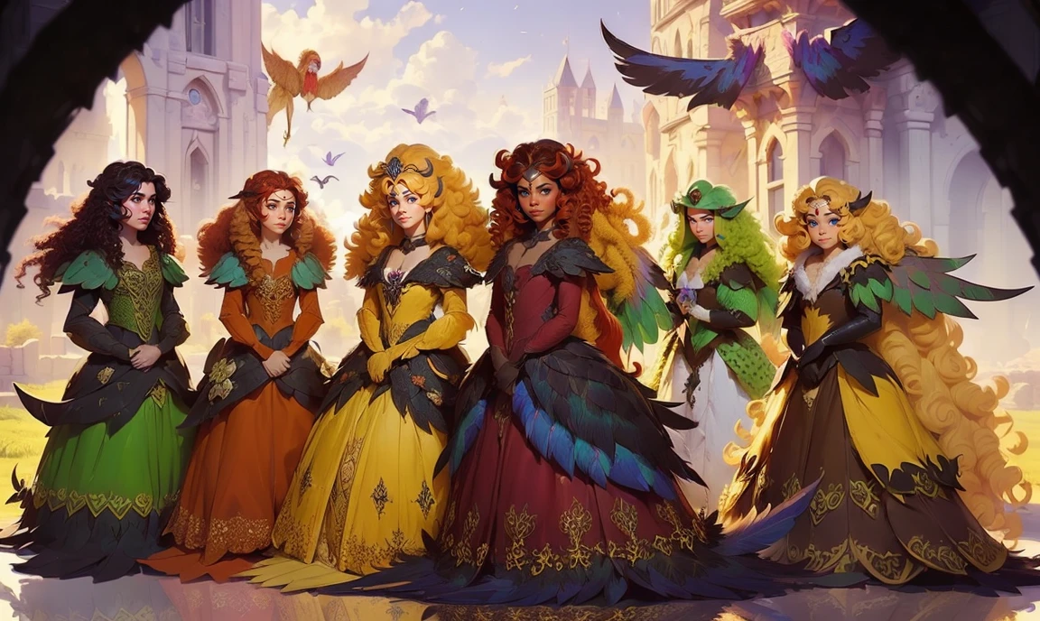 fantasy setting. close up. standing bunched in together in the middle of the picture. ((only 2 unique lovely harpy princesses:1.5)), unique personalities, ((unique expression on face:1.5)), (((unique natural hair colored:1.5))), ((red hair)), ((blond hair)), ((black hair)), (((unique natural eye color:1.5))), a hint of feathers on the skin, wearing elaborate tasteful flowing floral gowns, ((looking straight at the camera:1.5)), ((dark wings)), pretty castle ruins background.
