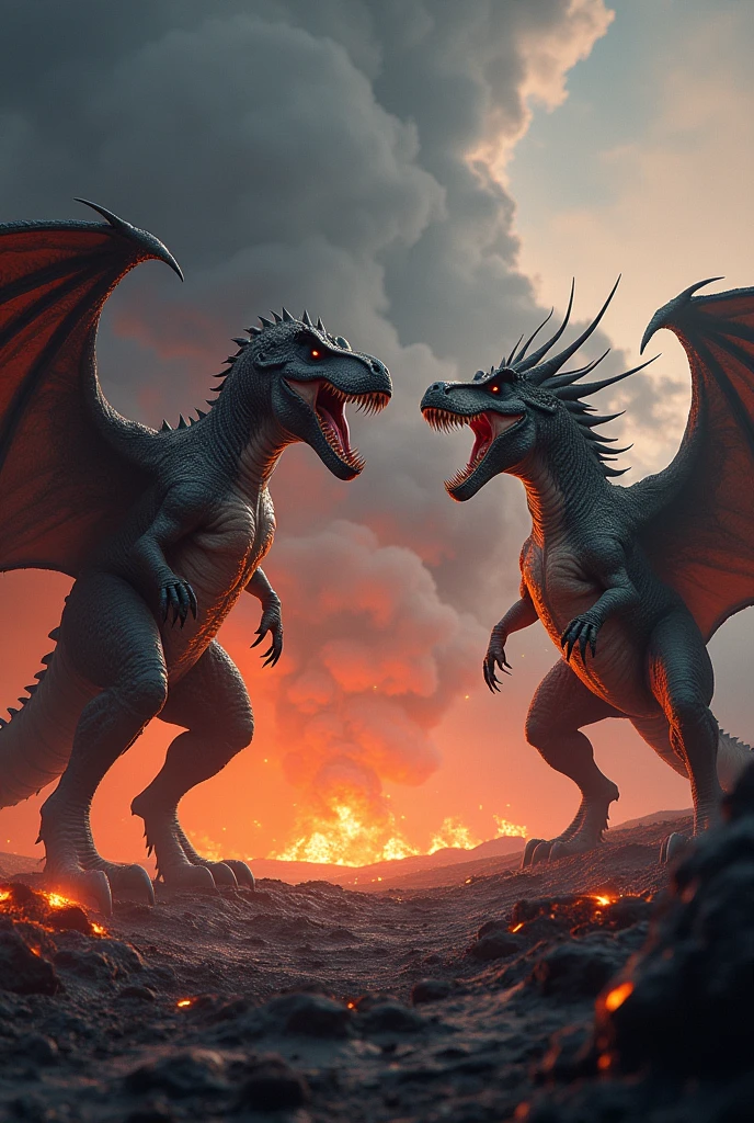 2 black dragons looking at 1 hole that has fire and the dragons feels angry