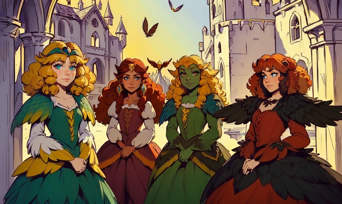 fantasy setting. close up. standing bunched in together in the middle of the picture. ((only 2 unique lovely harpy princesses:1.5)), unique personalities, ((unique expression on face:1.5)), (((unique natural hair colored:1.5))), ((red hair)), ((blond hair)), ((black hair)), (((unique natural eye color:1.5))), a hint of feathers on the skin, wearing elaborate tasteful flowing floral gowns, ((looking straight at the camera:1.5)), ((dark wings)), pretty castle ruins background.
