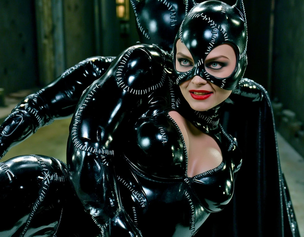 Close-up of a digital illustration, likely from a video game or similar media, featuring Catwoman and Batman. Catwoman is positioned in a suggestive pose, leaning back slightly, with her body angled toward Batman. Her expression appears to be an exaggerated grin or shout, likely part of a dynamic scene. Her costume is revealing, showing a substantial portion of cleavage. 

Sex from behind 
Batman is positioned behind and supporting Catwoman, his hands visible around her buttocks and lower back. Batman's suit is dark gray or black, with detailed armored plating apparent on his torso. The background is a dark, muted color with a metal grid pattern visible. 


The overall style suggests a stylized illustration commonly seen in video games or comic books. The picture's content is sexually suggestive due to the depicted intimate physical contact and poses.