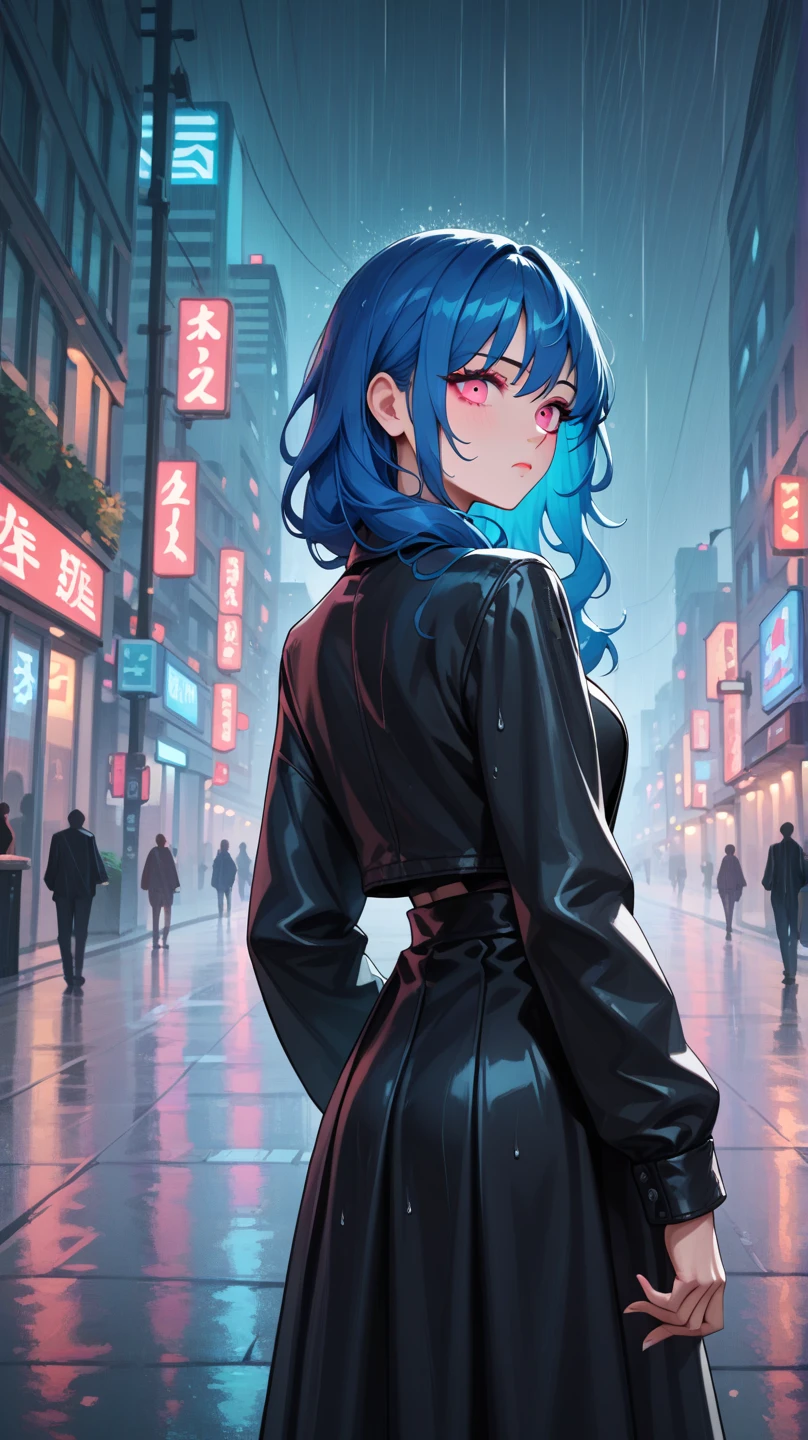 woman long wavy dark green blue hair, pink eyes, poker face, dress with black jacket, look back, long road, city rain, 