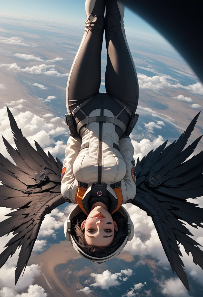 Score_9, score_8_up, score_7_up, 1woman, in free fall, viewed from above, back turned to viewer, looking away from viewer, high altitude view, plummeting head first towards Earth,upside down , the curve of the planet is visible, dressed in modern space suit, ((black wings extend from her back)), (wings are burning and damaged:1.3)