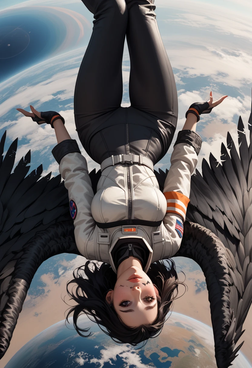 Score_9, score_8_up, score_7_up, 1woman, in free fall, viewed from above, back turned to viewer, looking away from viewer, high altitude view, plummeting head first towards Earth,upside down , the curve of the planet is visible, dressed in modern space suit, ((black wings extend from her back)), (wings are burning and damaged:1.3)