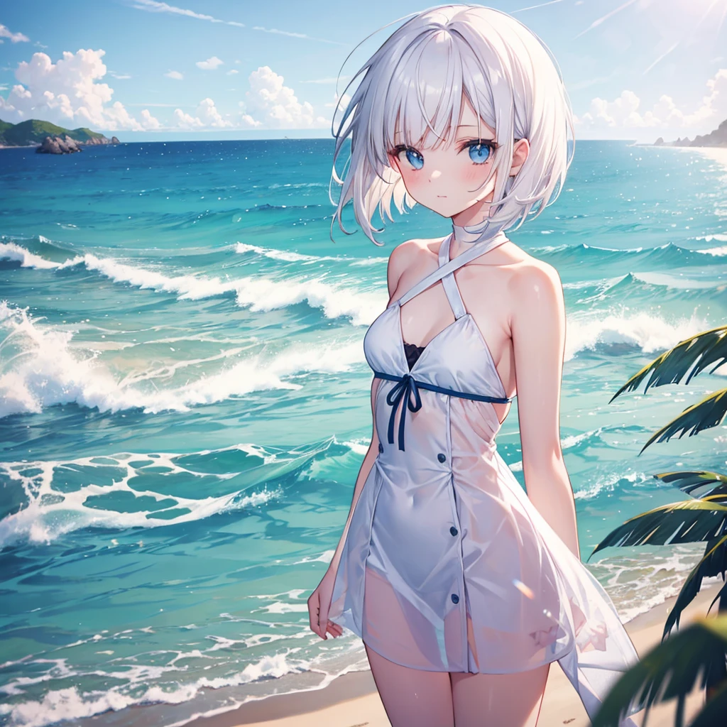 (looking back at the viewer),full body,low angle,from below,((both arms down)),(White elegant summer knit cardigan,one piece swimsuit),((1girl,cute,young,pixie cut beautiful silver blonde hair,blunt bangs,beautiful eyes)),(solo),((masterpiece, highest resolution,best quality)), (beautiful illustration),(looking at the viewer), innocent smile,cinematic lighting,beautiful emerald green beach, white sand,waves,clouds,blue sky
