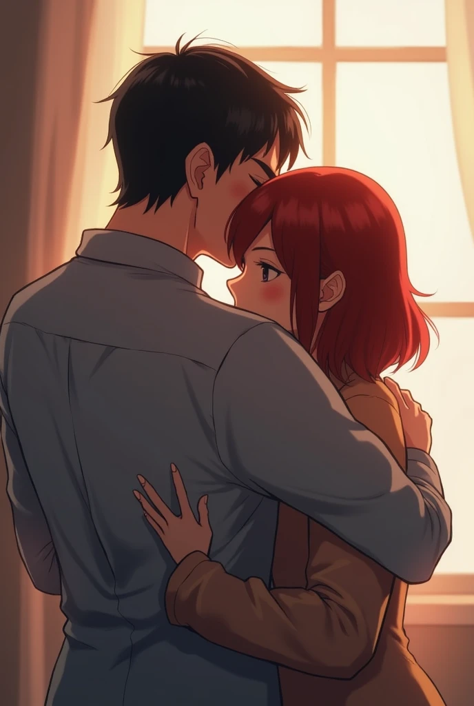 Concept Art,Love theme,illustration,1boy,1girls,kiss,Hetero,brunette hair,Closed eyes,topless male,Blush,Black Hair,pajama,blue trousers,long-haired,Seated,clavicle,trousers,couple,indoors,medium hair,cloudy,shirt,Put your hand on another person&#39;s shoulder.,long sleeve,Put your hand on another person&#39;s chest.,Short Hair Hair