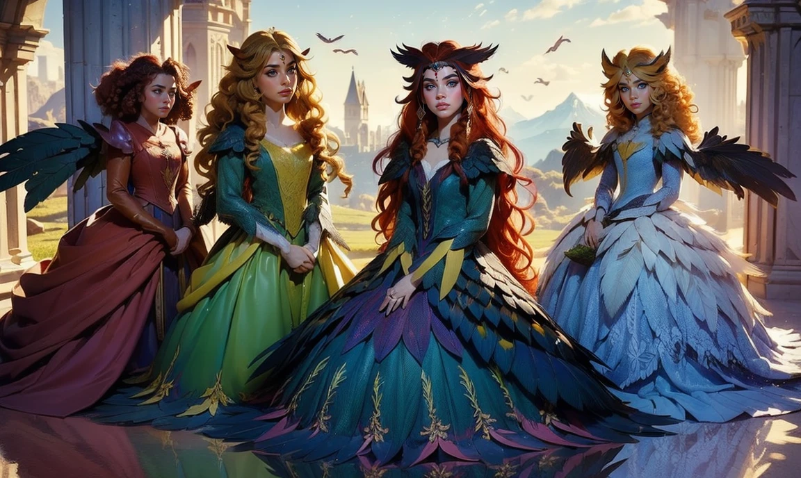 fantasy setting. close up. standing bunched in together in the middle of the picture. ((only 2 unique lovely harpy princesses:1.5)), unique personalities, ((unique expression on face:1.5)), (((unique natural hair colored:1.5))), ((red hair)), ((blond hair)), ((black hair)), (((unique natural eye color:1.5))), a hint of feathers on the skin, wearing elaborate tasteful flowing floral gowns, ((looking straight at the camera:1.5)), ((dark wings)), pretty castle ruins background.
