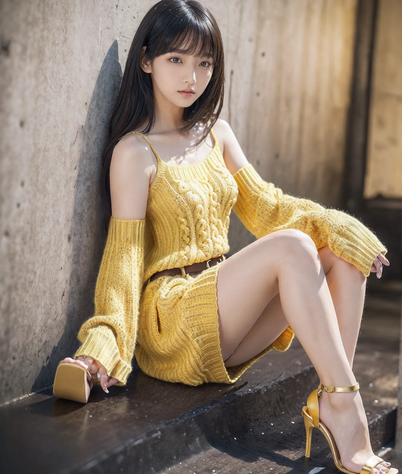 1girl,orange shoes,solo,sitting,sky,clouds,outdoors,black hair,bird,upward view,blue sky,white socks,daytime,orange jacket,building,long sleeves,leaves,long hair,stairs,red headband,pump Rope,headband,bangs,cloudy sky,from_below,