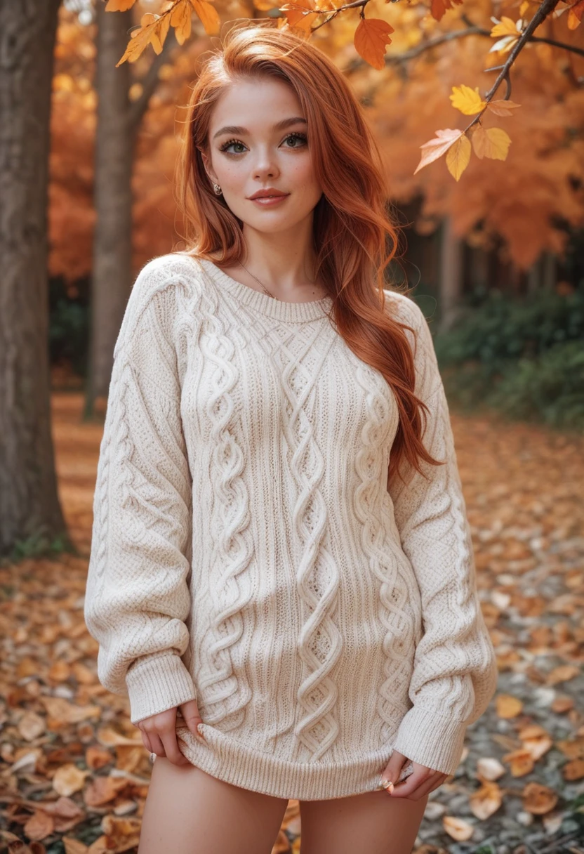 Pre teen ginger girl in autumn forrest is wearing a oversized knitted sweater