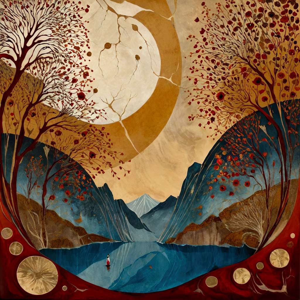 oil and acrylic painting. In the style of Andy Kehoe and Tracy Grimwood, Catrin Welz-Stein, Klimt. Backdrop of lake in autumn, with high mountains, Wide shot of a large Ferris wheel and a blue-eyed blond woman. wind tousles her hair.. Twisted trees, branches are transparent blown glass expanding skyward in ellipses. Dandelion blossoms, poppies, pampas grass, cherry blossoms, dried flowers bloom. Disc-shaped polychrome sun buds with marbled spirals, sunbeams like strands of coral, vitrified ambers. Warm colors, ochre yellows, browns, shades of blue, reds.
