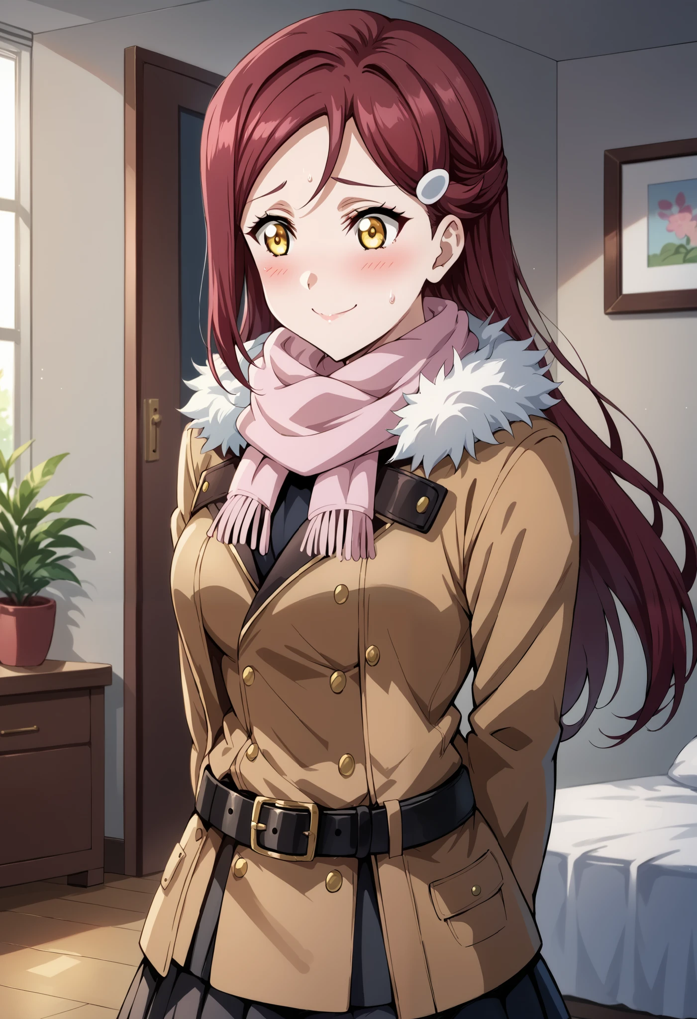score_9, score_8_up, score_7_up, source_anime, 4K, perfect fingers,
riko sakurauchi, long hair, hair ornament, yellow eyes, red hair, hairclip,large breast,
wearing ((skirt, long sleeves, jacket, belt, scarf, coat, fur trim, black belt)),,
nervous, nervous smile, blushing, looking to the side, sweat, indoors, bedroom,(Arms Behind Back),
