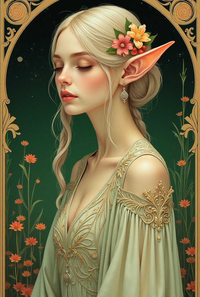 A tarot card of a gorgeous beautiful elf warrior queen, fractal magic, illustration in the style of Travis Charest, ink linework, poster, Elle Fanning model, cgsociety, fantasy art, detailed illustration, mystical, A botanical masterpiece, detailed, hyper-realistic, elemets of symbolism and surrealism, intricate design, intertwined, beautiful woman, flowers, pastel.