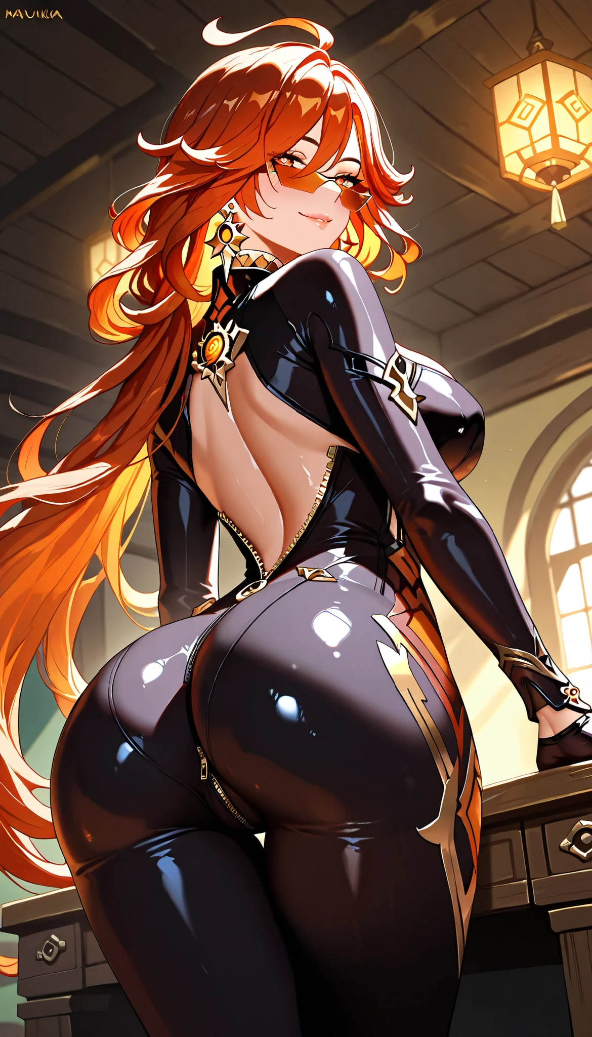 (masterpiece), best quality, perfect face, ultra-detailed, photorealistic, luscious lips, mature woman, blushing, shiny skin, Mavuika,(genshin impact), athletic body, looking at viewer, ahoge, long hair, large breasts, red eyes, symbol-shaped pupils, long sleeves, black glove, clothing cutout, bodysuit, zipper, choker, earrings, jewelry, red hair, indoors, torches, arched back, (view from below), smile, half-closed eyes, leaning on desk, presenting ass, view from behind, back turned, looking back, mavuika-gi, very long hair, tinted eyewear, orange eyes, multicolored hair