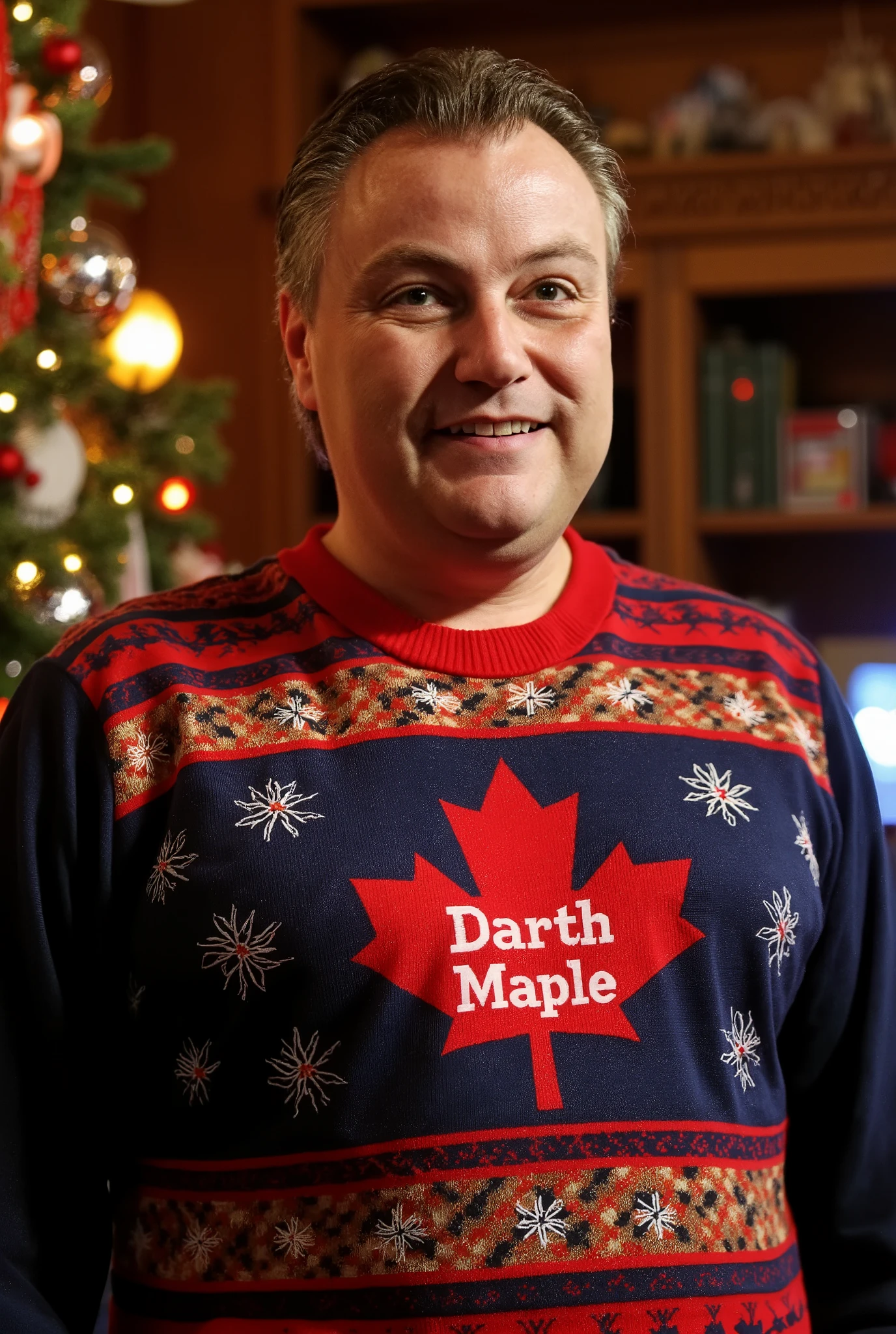 The image is a high-resolution photograph of a man wearing a Christmas themed sweater with the words "DARTH MAPLE" knitted in to it. Homely christmas background.