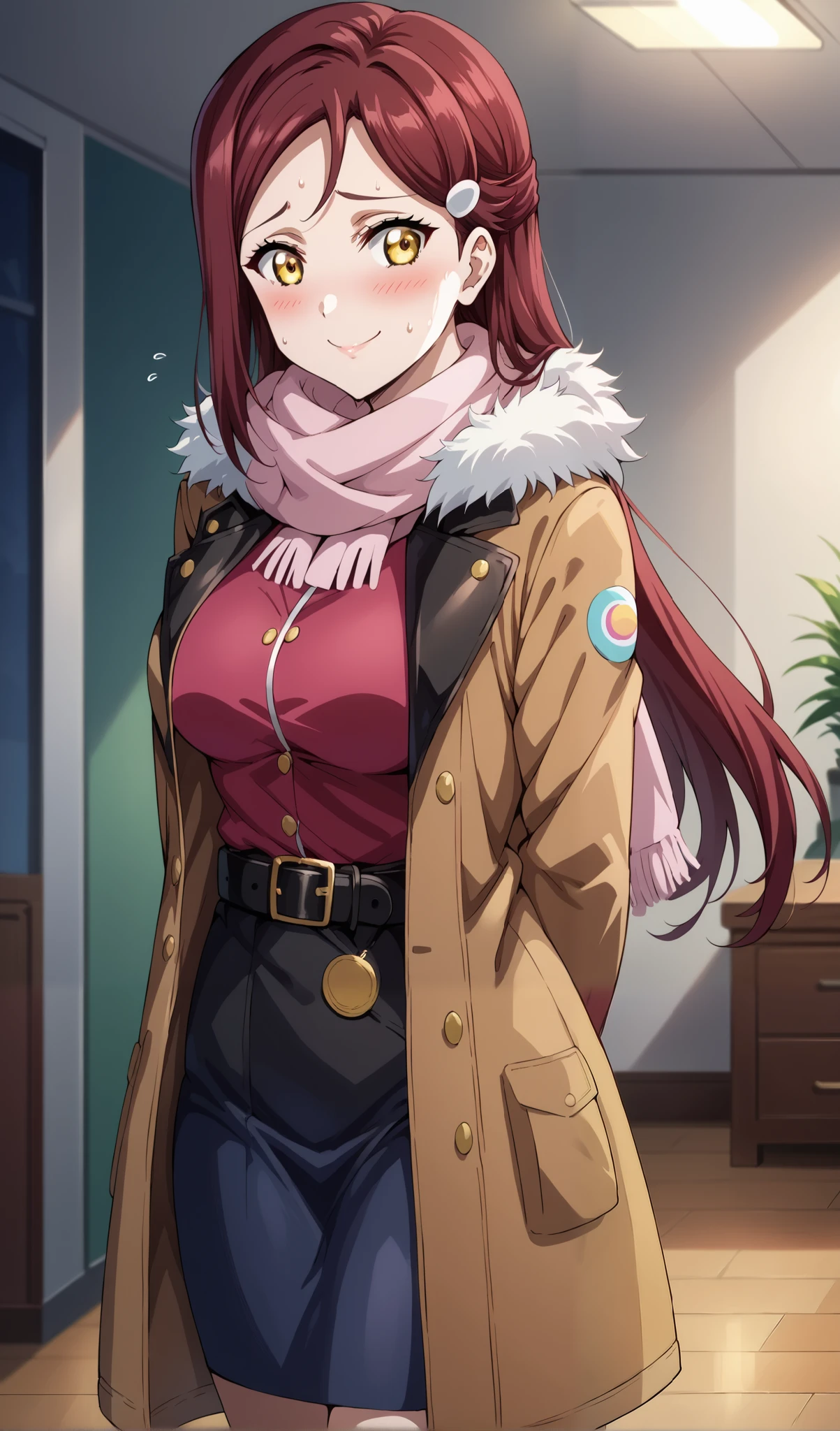 score_9, score_8_up, score_7_up, source_anime, 4K, perfect fingers,
riko sakurauchi, long hair, hair ornament, yellow eyes, red hair, hairclip,large breast,
wearing ((skirt, long sleeves, jacket, belt, scarf, coat, fur trim, black belt)),,
nervous, nervous smile, blushing, looking to the side, sweat, indoors, bedroom,(Arms Behind Back),