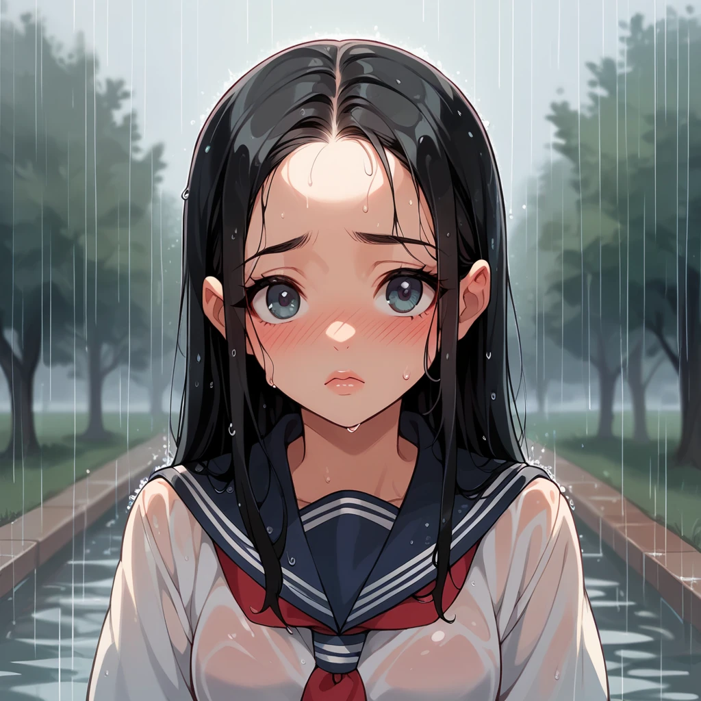 1 ,  long black hair , school uniform , shy, Blush, wet, rain, transparent, ( masterpiece ,  best quality ), soft light,  cinematographic composition ,  cinematic light 