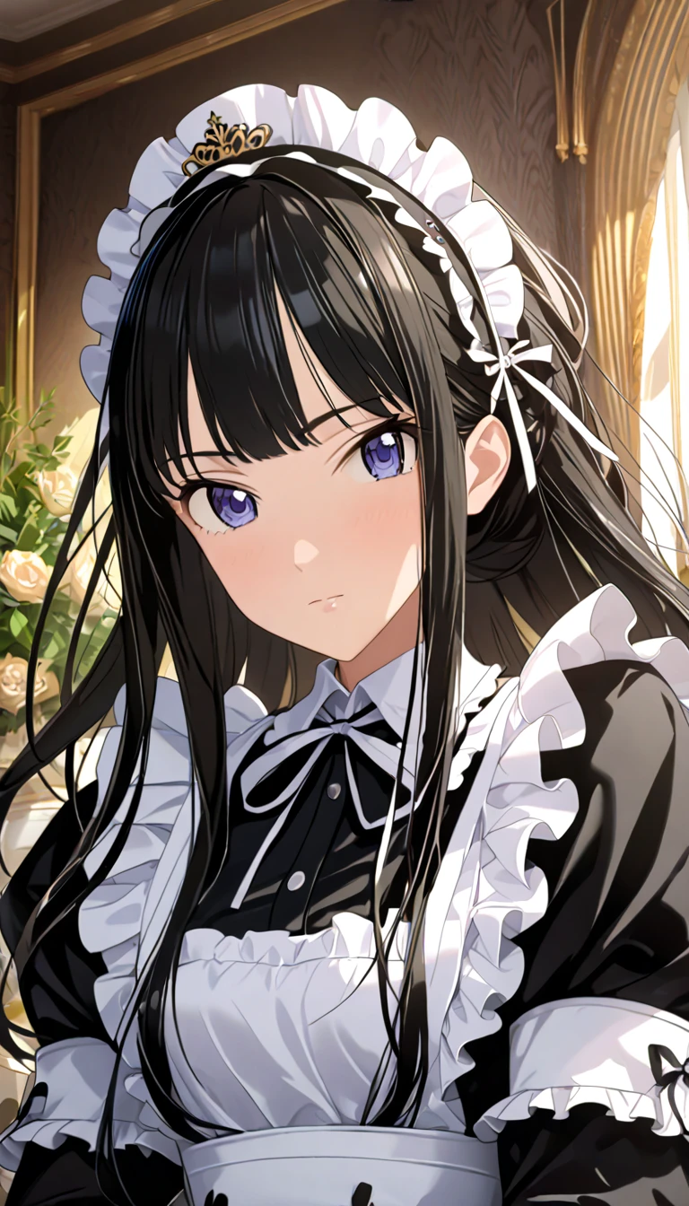 ((( top quality , 8k, masterpiece: 1.3)), (( top quality )), ((masterpiece)), (  Details),  perfect face, Long black haired maid, She is looking at me, Her rich hair flows ,  Ruffled Maid Outfit.  she serves the royal family,  high definition , textured skin,  anime style ,  shiny hair ,  long hair,  Maid's Headdress