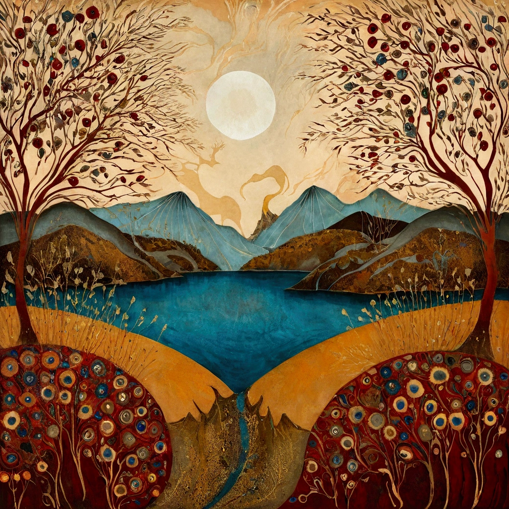 oil and acrylic painting. In the style of Andy Kehoe and Tracy Grimwood, Catrin Welz-Stein, Klimt. Backdrop of lake in autumn, with high mountains, large  Ferris wheel . Wide shot of a a blue-eyed blond woman. wind tousles her hair .Twisted trees, branches are transparent blown glass expanding skyward in ellipses. Dandelion blossoms, poppies, pampas grass, cherry blossoms, dried flowers bloom. Disc-shaped polychrome sun buds with marbled spirals, sunbeams like strands of coral, vitrified ambers. Warm colors, ochre yellows, browns, shades of blue, reds.
