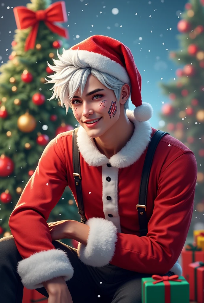 best quality,masterpiece,Ultra high detail,A handsome muscular man,Short white haired Fractal Jack Frost, shirtless in the snow . playing with the snow man , smiling