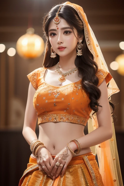 a young girl in a traditional indian wedding dress,detailed face with elegant makeup, long hair with bangs, facing forward,upper body shot, center of screen, highly detailed, photorealistic, vivid colors, cinematic lighting, dramatic atmosphere, beautiful lush garden scenery, long detailed eyelashes, wide hips, thick thighs, big breasts, (best quality,4k,8k,highres,masterpiece:1.2),ultra-detailed,(realistic,photorealistic,photo-realistic:1.37),HDR,UHD,studio lighting,ultra-fine painting,sharp focus,physically-based rendering,extreme detail description,professional,vivid colors,bokeh,portraits