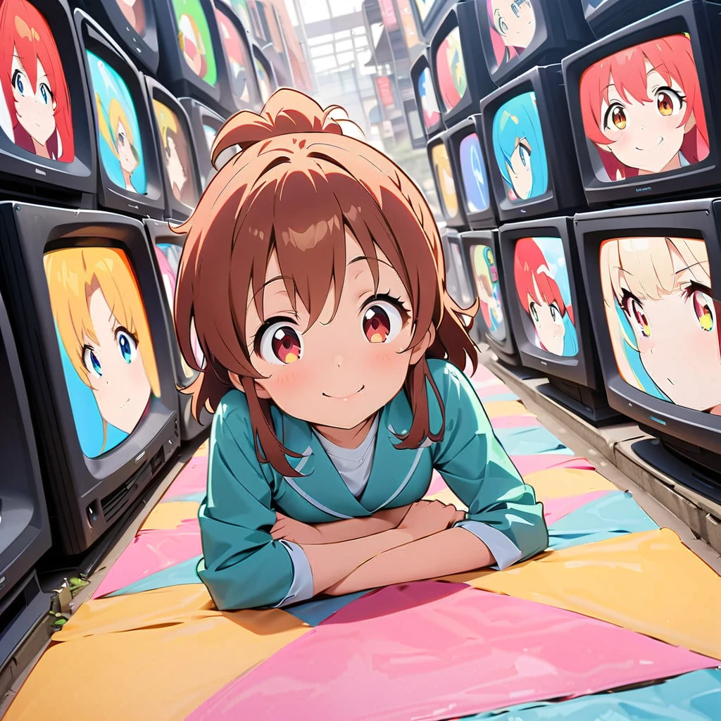 anime style, Ultra-fine illustrations, highly detailed, Dynamic Angle, beautiful detailed, 8k, In front of many CRT TVs, break various programs are being broadcasted. A woman stares at them, break smiling amidst the colorful scenes.(Highest quality、masterpiece、High resolution、detailed)animeスタイル、Flat Style、(Shining Eyes、detailed美しい顔),  break,Dynamic Angle、anime