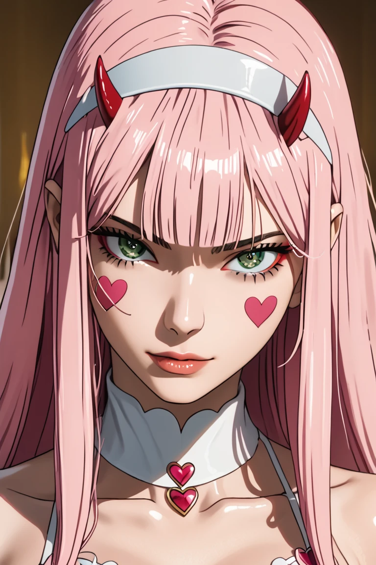 (  Masterpiece,   better quality ),  a girl, Darling,2d, diadema, white headband,  beautiful face, Shiny hair , make-up,  eye shadow,  very long hair, shaggy bangs,( pink hair  largo ),Horns,Horns rojos pequenas dajas,(  pink hair )(  pink hair  ),(  green eyes), cold weights  , High quality,ultra detailed ,extremely large breasts,  big thighs,  self-adhesive stickers for nipples heart-shaped lingerie..