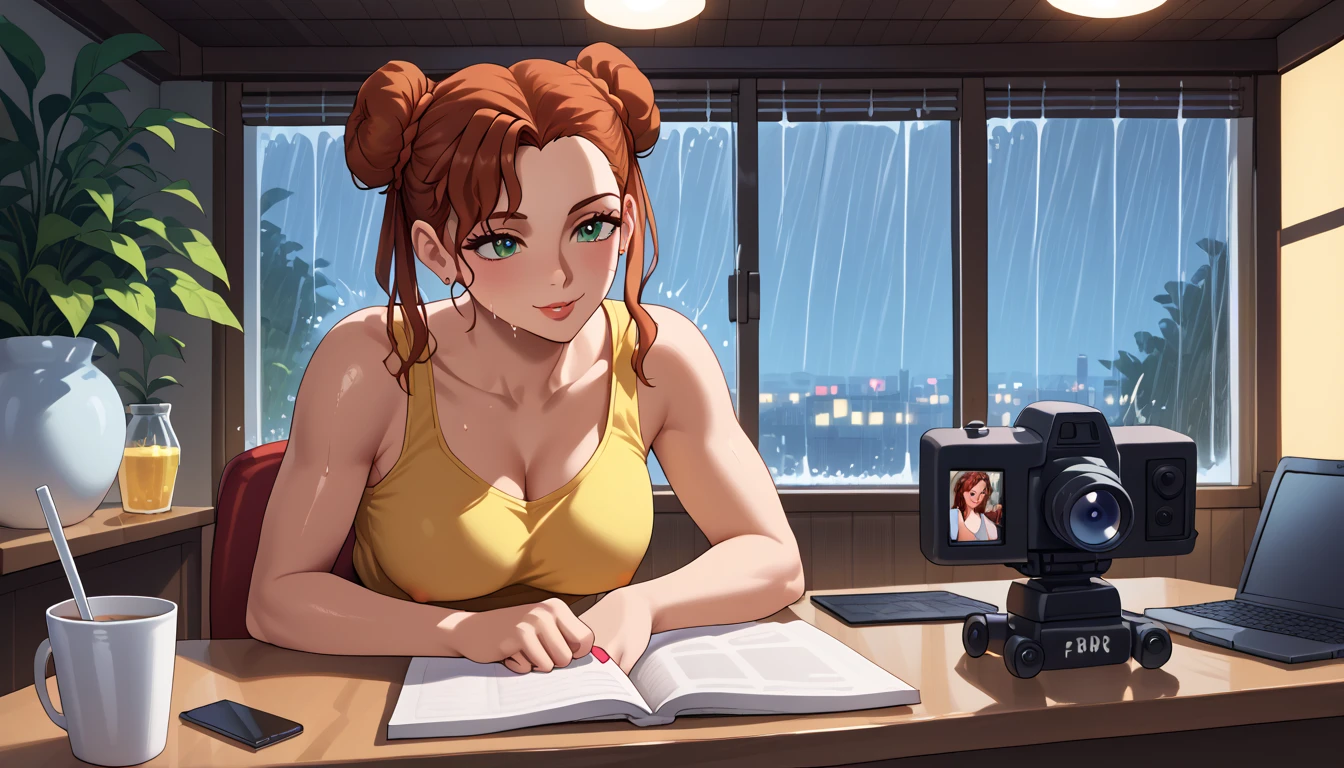 "A cozy and cinematic bedroom with a dark, rainy atmosphere featuring A woman big bobs with short wavy auburn hair tied in a loose bun, wearing a lush yellow tank top and fit jeans, The woman is focused on typing on a laptop placed on the desk. The room is illuminated by moody neon lights in shades of deep purple and soft green, casting a mysterious and calming glow on the walls. A vintage classic TV is playing static or an old movie, adding a nostalgic touch. Through the large glass window, heavy rain is visible, with water droplets streaming down the glass, creating a serene ambiance. The room features minimalistic furniture, with a comfortable bed and a small nightstand. The scene is rich with detail, evoking a sense of solitude and introspection."
