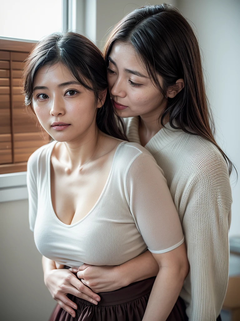 (2 woman:1.6),(40 years old japanese woman and 20 years old japanese woman),(40 years old Japanese woman is a mature woman),[40 years old woman:(afraid face:1.3),(embarrassed, blush ), (ecstasy),(realistic skin) ,(wearing White knit t -shirt),(wearing black long skirt),(brown low ponytail, realistic hair)], [20 years old woman:(Smile face),(wearing black t-shirt),(wearing long-skirt)], (20 years old woman is grabbing 40 years old woman's chests from behind :1.8),(40-year-old woman has her chests grabbed by a 20-year-old woman:1.8),(40 year old woman is standing),(40 years old woman is screaming with open mouth : 1.2),[40 years old woman is closing eyes: (narrowed eyes:1.4):1.2], In a White wall room with window,(view from front,upper body),(8k,High quality, Ultra detailed, best quality, insanely detailed, beautiful, masterpiece, soft brightness, soft saturation )