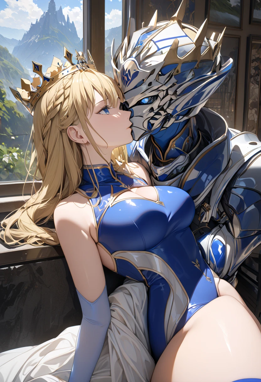  top quality 、unity 8k 壁紙、32K、masterpiece、 very detailed、 super high resolution 、 very detailedな顔,  RAW photo,  professional, Fine painting,  one woman、Side view、 Blonde Blue Eyes 、 Artoria Lancer ,  braided ,  crown,  twist up ,   turtleneck,  clevage cutout ,  Sleeveless,  blue leotard ,  elbow gloves ,  blue thigh high socks , Kissing a man