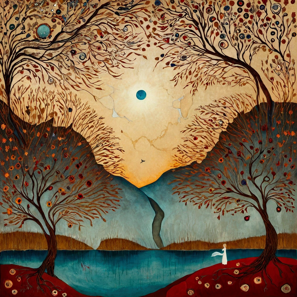 oil and acrylic painting. In the style of Andy Kehoe and Tracy Grimwood, Catrin Welz-Stein, Klimt. wide shot of a Blue-eyed blonde woman waiting to get on a ferry on the shore of a lake in autumn afternoon. Twisted trees, branches are transparent blown glass expanding skyward in ellipses. Dandelion blossoms, poppies, pampas grass, cherry blossoms, dried flowers bloom. Disc-shaped polychrome sun buds with marbled spirals, sunbeams like strands of coral, vitrified ambers. Warm colors, ochre yellows, browns, shades of blue, reds.
