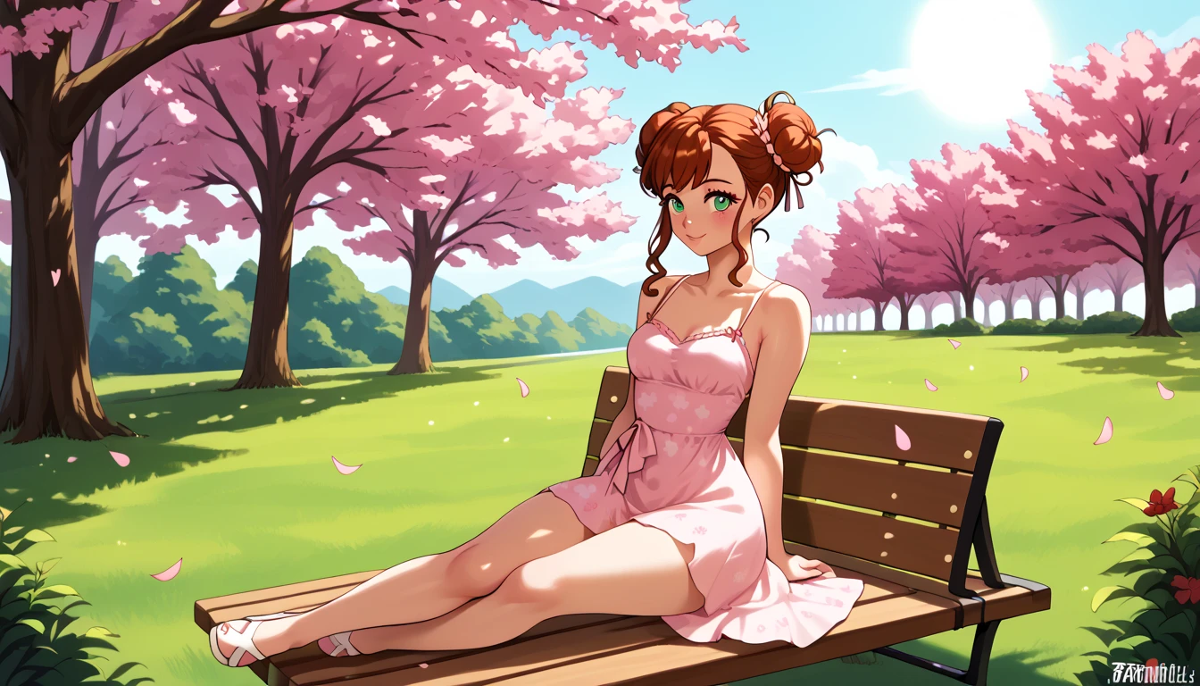 "A woman big boobs with short auburn hair styled into a messy bun sits gracefully on a wooden bench in a stunning garden filled with blooming sakura trees and colorful leaves. She wears a delicate, flowing mini dress that drapes naturally around her form, catching the soft breeze. Her posture is relaxed as she works on a sleek black laptop resting on her lap. Pink sakura petals drift gently through the air, settling on the ground and bench. The vibrant hues of pink blossoms, green grass, and golden sunlight filtering through the sakura branches create a dreamlike, serene scene. Warm dappled lighting highlights her auburn hair and soft features, adding a cinematic, peaceful touch to the moment."