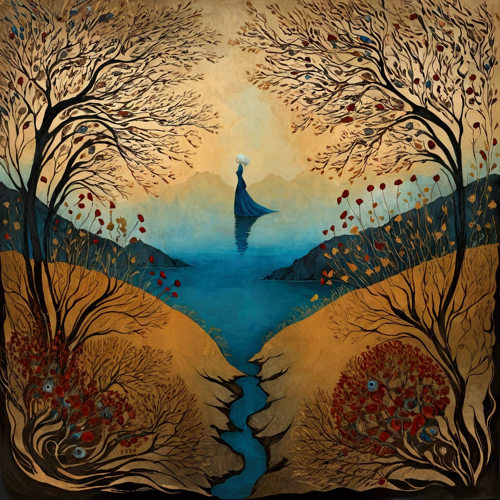 oil and acrylic painting. In the style of Andy Kehoe and Tracy Grimwood, Catrin Welz-Stein, Klimt. wide shot of a (Blue-eyed blonde woman) waiting to get on a ferry on the shore of a lake in autumn afternoon. Twisted trees, branches are transparent blown glass expanding skyward in ellipses. Dandelion blossoms, poppies, pampas grass, cherry blossoms, dried flowers bloom. Disc-shaped polychrome sun buds with marbled spirals, sunbeams like strands of coral, vitrified ambers. Warm colors, ochre yellows, browns, shades of blue, reds.
