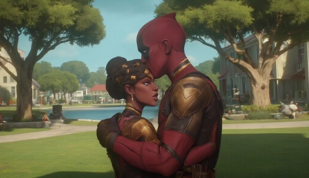 deadpool and Mel Medarda hugging each other at the park, realistic