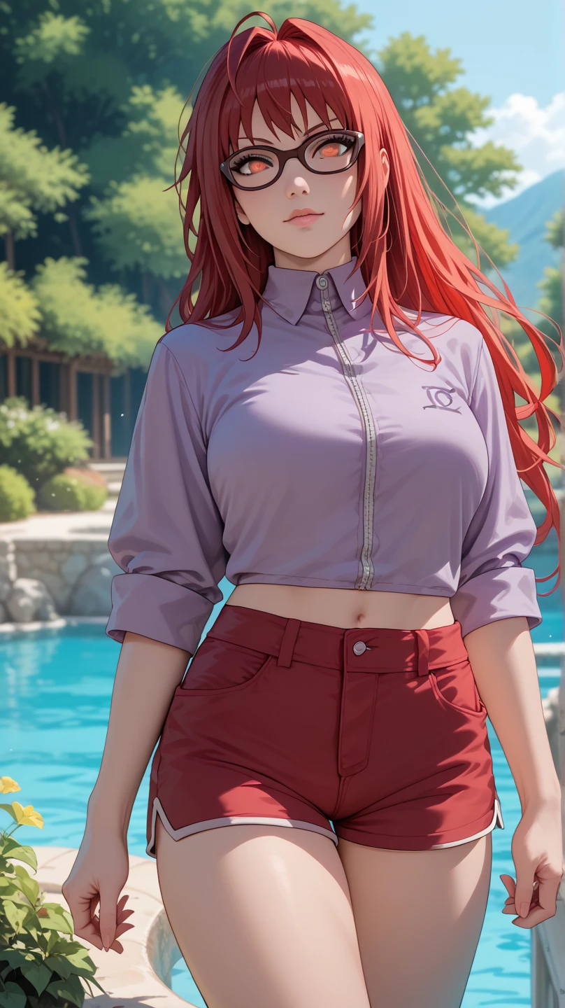 1girl, karin\(Naruto\), Long Hair, Red Hair, Red Eyes, glasses, Purple clothes, red shorts, natural scenery background, photo shoot Best Quality, High Resolution, Anime Style, Looking at viewer, 