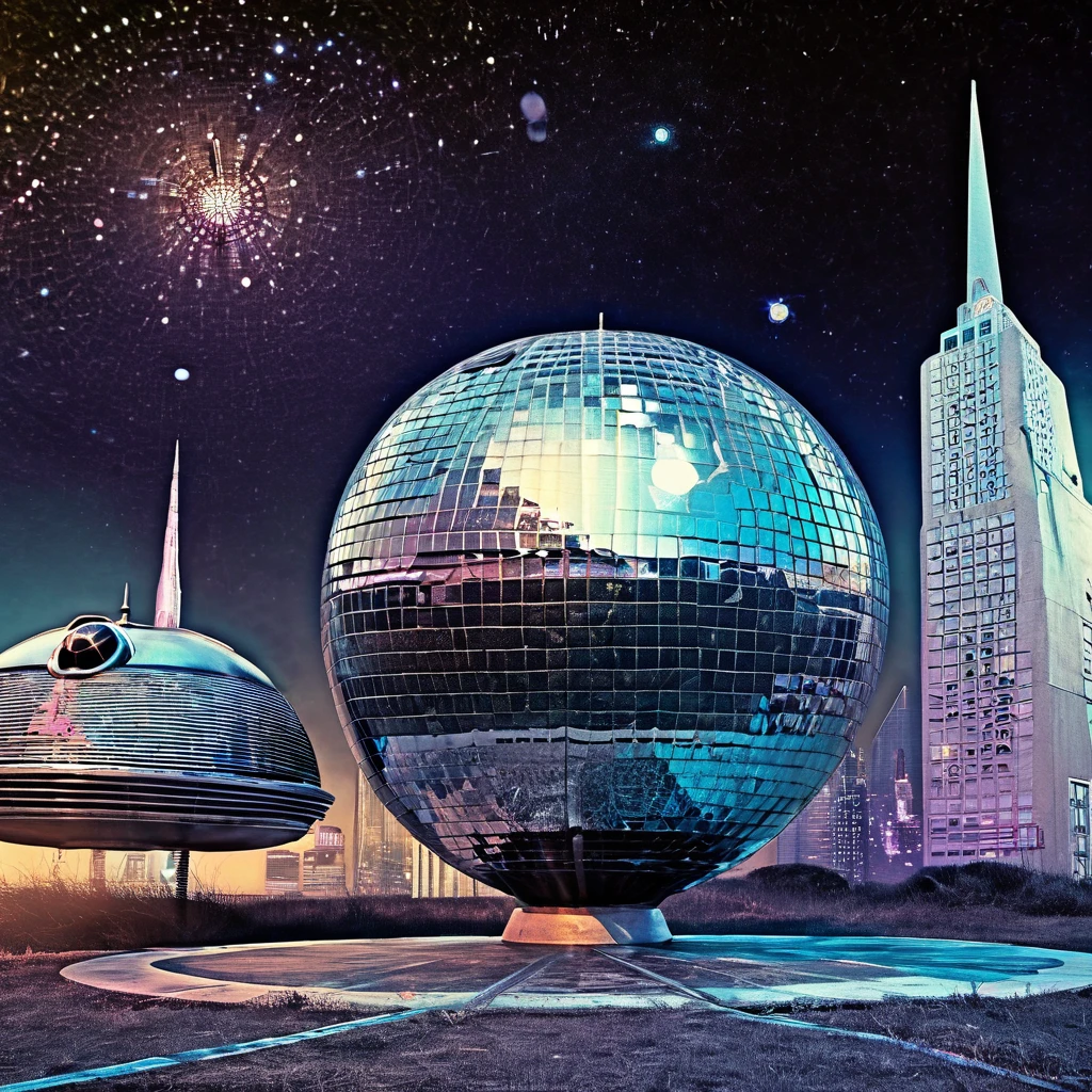 Futuristic City, Disco ball Spaceship, A Weathered 1976 Photorealistic Vinyl Album Cover "Space Soul" for the Funky Parliament Funkadelia Black Audaciously Dressed disco trio 1976 Funk band album
